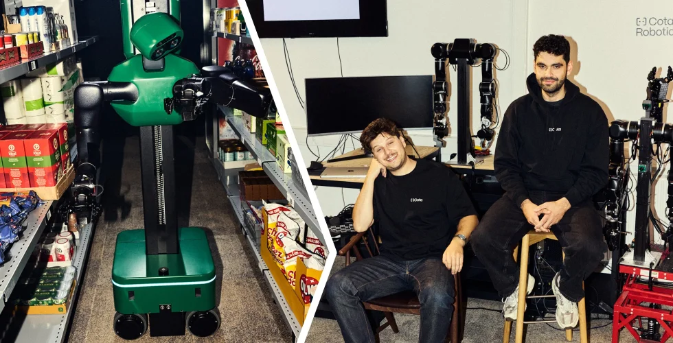 A Cota robot on a store aisle, beside the founders in the workshop